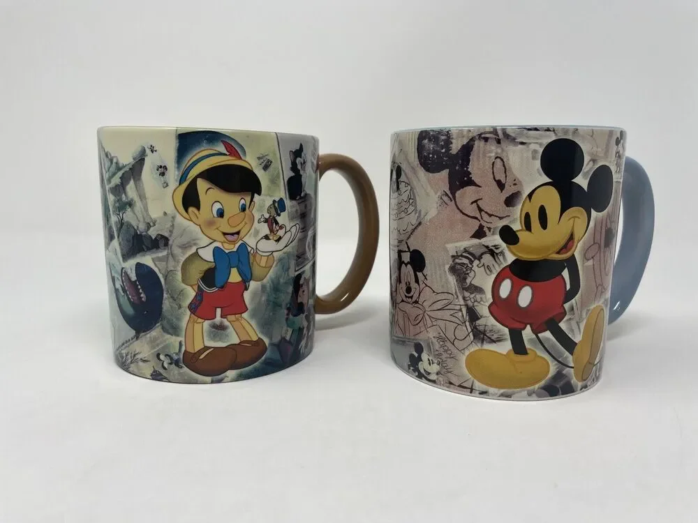 Disney Mickey Mouse And Pinocchio Newspaper Collage Coffee Mugs Rare Retired